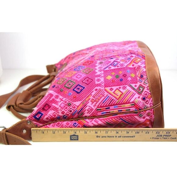 ROOMY HANDCRAFTED MULTICOLOR PINK KILIM BROWN LEATHER TRIM SHOULDER BAG HANDBAG - Picture 12 of 14